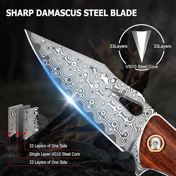 AUBEY Damascus Folding Knife with Clip, Pocket Knife with Wood Handle, EDC Knife for Outdoor Hiking Camping Collection (3.19" Blade)
