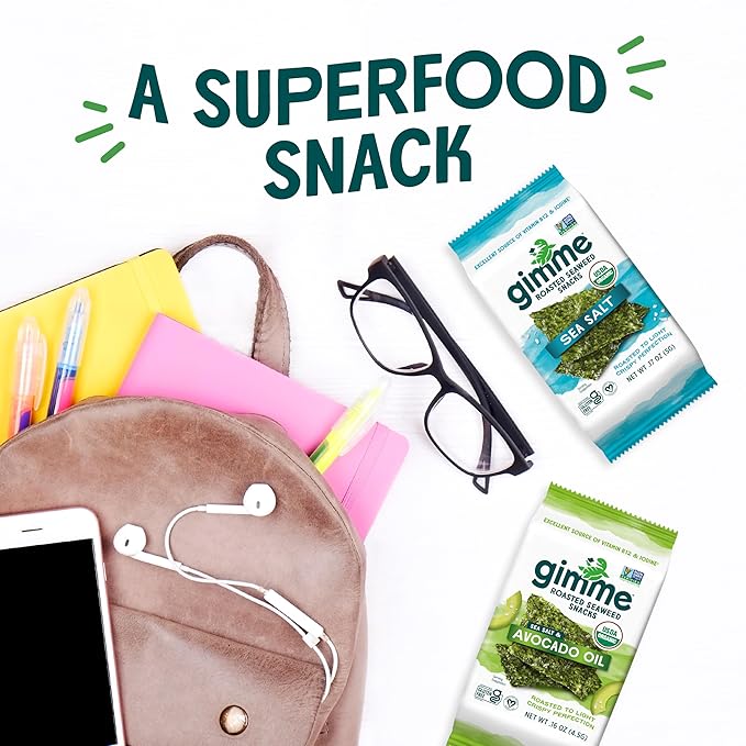 gimMe Organic Roasted Seaweed Sheets, Sea Salt, Keto, Vegan, Gluten Free, Great Source of Iodine and Omega 3?™s, Healthy On-The-Go Snack for Kids & Adults, #1 Sea Salt, 0.17 Ounce (Pack of 40)