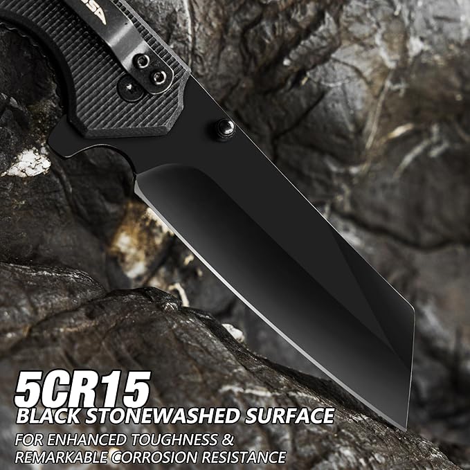 FLISSA Folding Knife, 4-3/4" Reverse Tanto Folding Pocket Knife, Black Stonewash Blade, G10 Handle, for Hunting, Survival, Camping and Outdoor Activities, Great Gifts for Dad, Husband, Friend