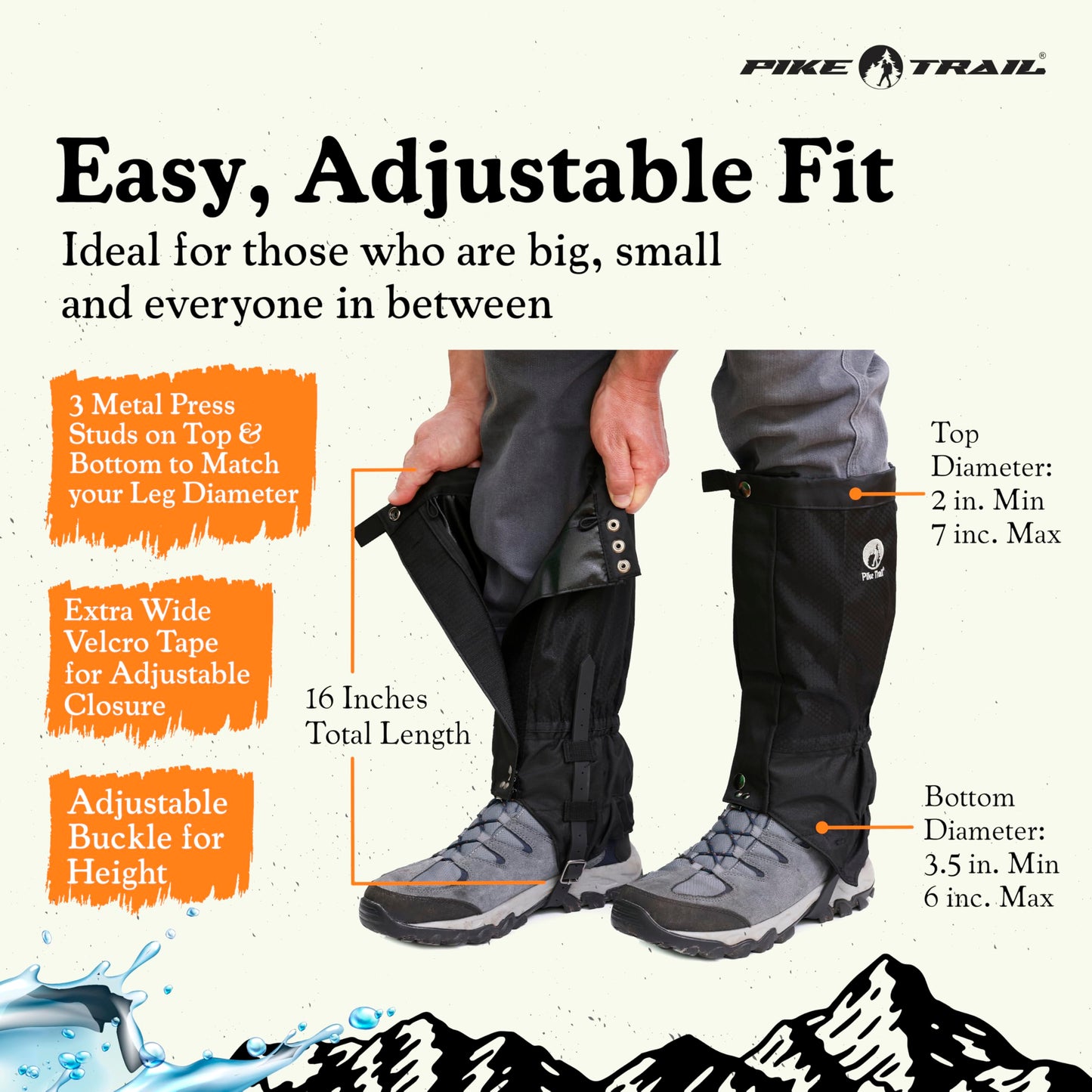 Pike Trail Adjustable Leg Gaiters - Lightweight, Waterproof - Leg Guards for Men & Women - Hiking