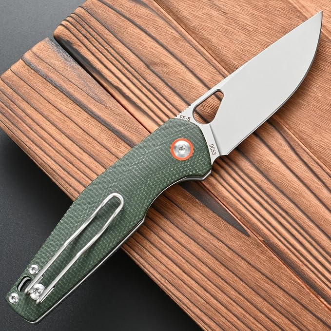 FF5 Folding Pocket Knife, DC53 Steel Blade Micarita Handle with Pocket Clip for Outdoor Camping Hunting Fishing Working (Green)