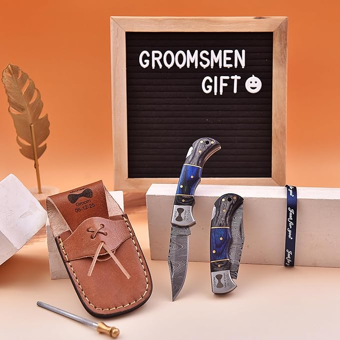 Set of 3 - Personalized Damascus Pocket Knife for Groomsmen -With Leather Sheaths - Custom Engraved Pocket Knives | Groomsman Gifts for Wedding, Groomsmen Proposal Gifts