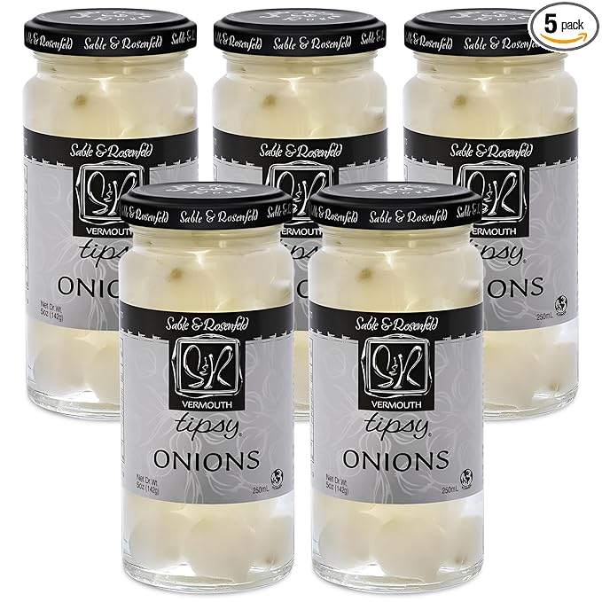 Tipsy Cocktail Onions in Jar with French Vermouth - Pickled Silverskin Onions for Cocktails, Appetizers, and Hors d'Oeuvres, Kosher Parve - Sable & Rosenfeld - 5 oz - Pack 5