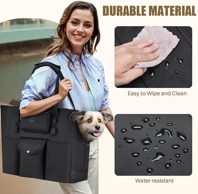 SlowTon Dog Purse Carrier - Portable Dog Carrier with Pockets & Safety Leash for Small Dogs Under 12 lbs, Breathable Pet Tote Bag for Cat Rabbit Outing, Travel, Vet (Black)