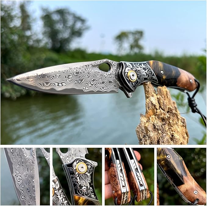 handmade Japan Damascus steel pocket knifeï¼?.1" VG10 blade men and women Folding knife，With holster，Lining lock，resin and Maple handle，Suitable for EDC outdoor camping，go fishing hunting