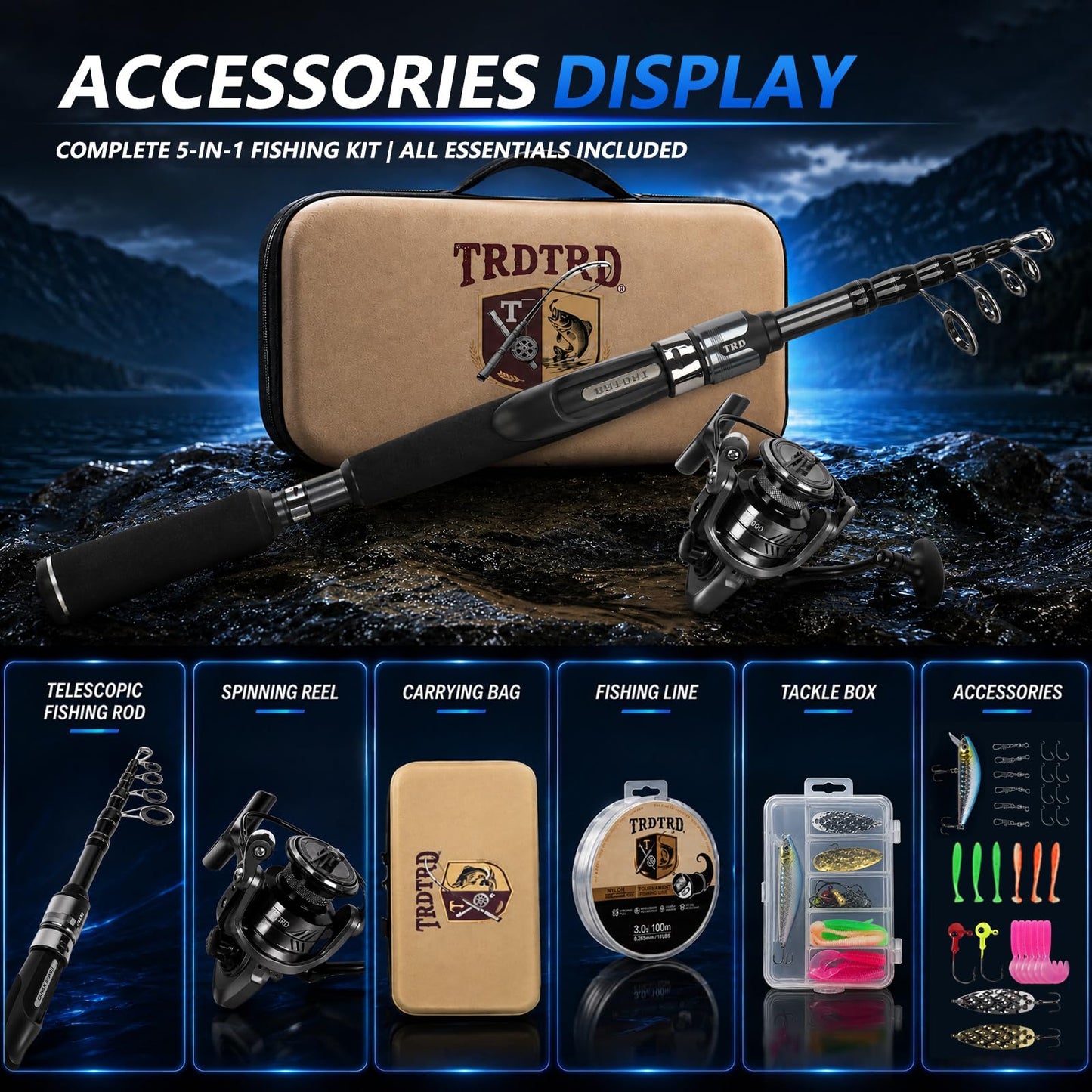 Fishing Rod and Reel Combo Kit—Telescopic Fishing Rod, Collapsible Fishing Rod, Portable Fishing