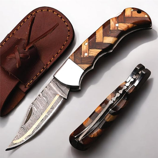 6.5 inch Damascus Pocket Knife with Sheath, Handmade Folding Pocket Knife for Men, Black-Red Wooden Handle with Brass Bolster, Secure Lock Back Camping Knife for EDC,Hunting,Hiking (Copper Damascus)