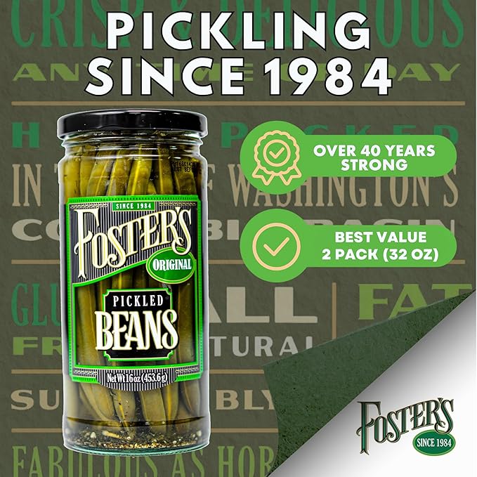 Foster's Pickled Green Beans in a Jar, Original, 16oz, 2 Pack, Traditional Pickled Vegetables Recipe for over 40 years, Low Calorie Snack, Gluten Free, Fat and Preservative Free Pickles