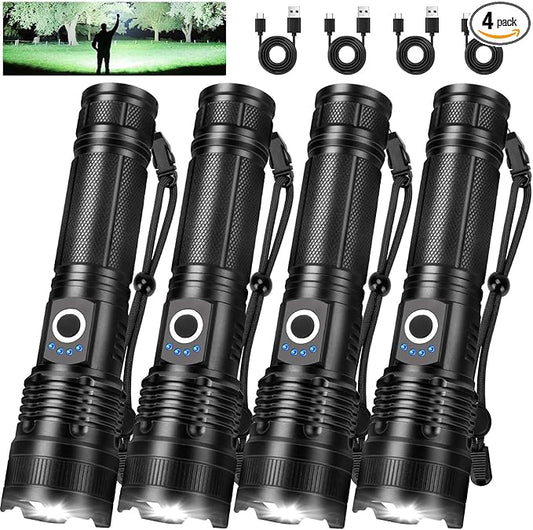 Rechargeable Flashlights High Lumens, 4 Pack 99,000 Lumens Led Flashlights with 5000ɱAh ?attery, Waterproof Powerful Flash Light Multifunctional Flashlights for Home Camping Hiking