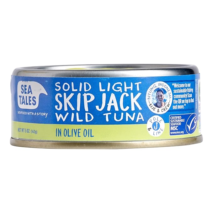 Sea Tales Solid Light Skipjack Canned Tuna in Olive Oil - 100% Pole & Line Wild Sustainably Caught - Fair Trade Certified - High Protein Food - Keto Friendly - 5 oz. Cans (Pack of 12)