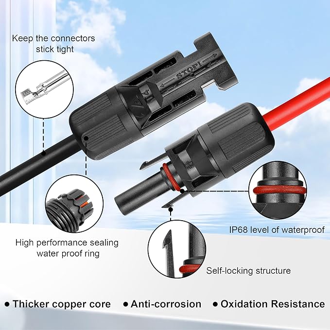 100 FT 10AWG Solar Panel Extension Cable,10 Gauge Extension Cord,5FT 10FT 20FT 30FT 50FT 100FT Solar Panel Wire with Extra Fair of Female and Male Connectors Solar Adapter for RV, Photovoltaic Systems