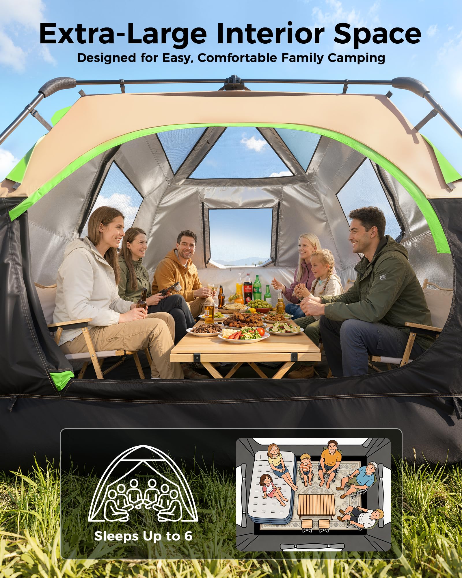 6 Person Camping Tent, Setup in 60 Seconds, Waterproof,Outdoor Camping