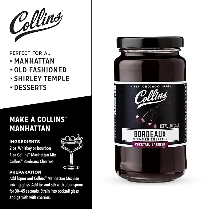 Collins Stemmed Black Cherries for Cocktails, Old Fashioned, Manhattan, and Whiskey Sour, Cocktail Cherry in Bordeaux Syrup, Garnish for Mocktails, Party Drinks, Baking, Desserts, 10 oz
