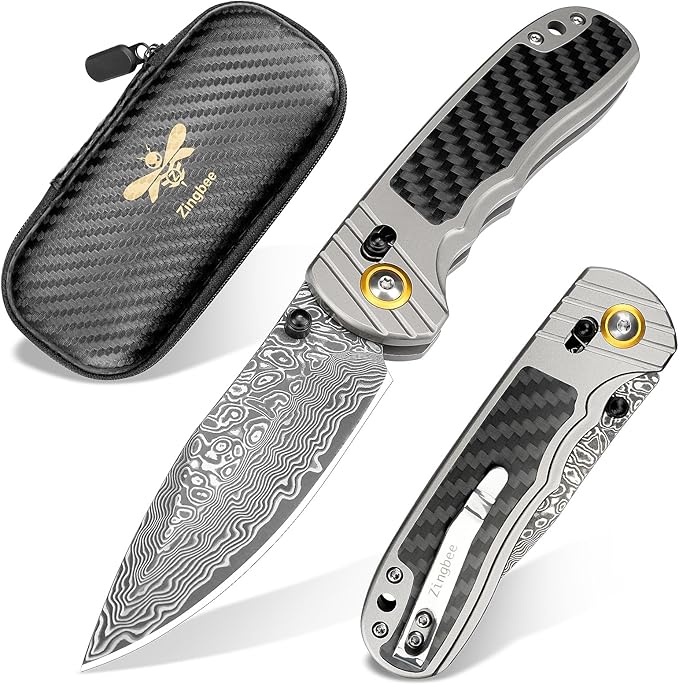 Damascus Pocket Knife for Men Women, 3.15" Damascus Steel Blade Pocket Knives & Folding Knives with Carbon Fiber Overlay Handle