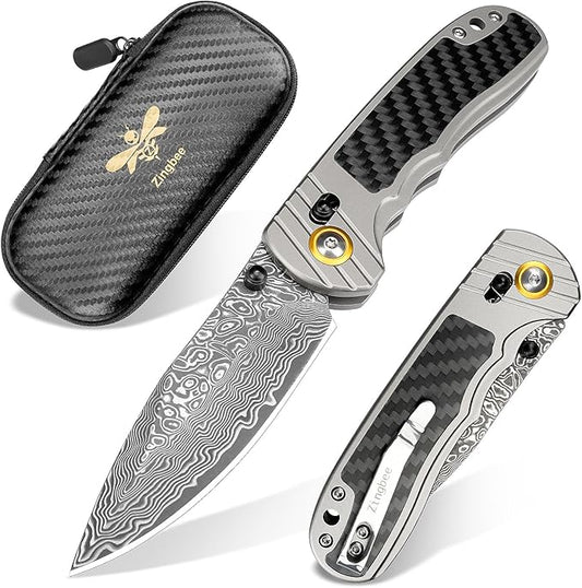 Damascus Pocket Knife for Men Women, 3.15" Damascus Steel Blade Pocket Knives & Folding Knives with Carbon Fiber Overlay Handle