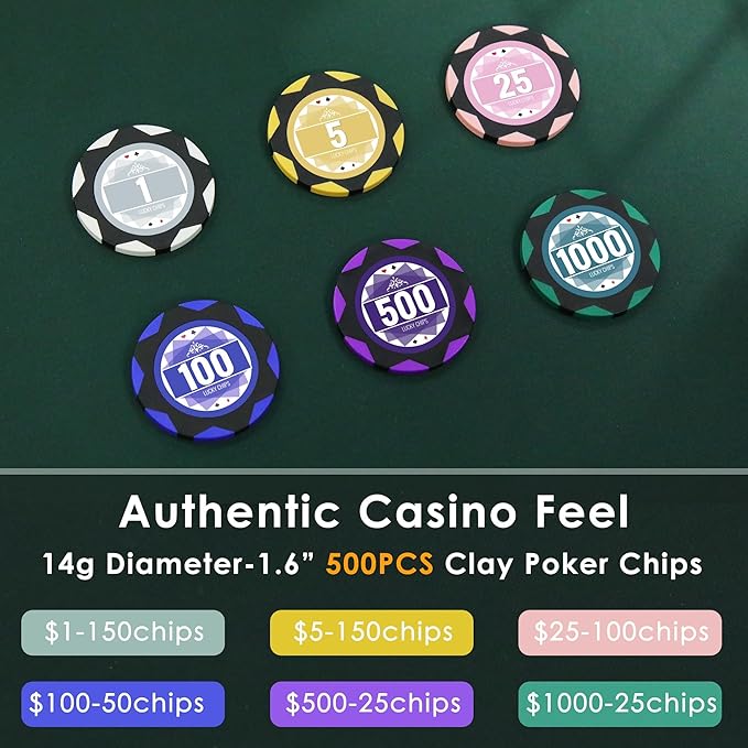 ORIENGEAR Poker Chip Set with Denominations 500 PCS with 14 Gram Numbered Clay Chips, Texas Hold?™em Casino Chip Sets with 2 Decks of Plastic Playing Cards, for Blackjack Gambling Games, Golden Case