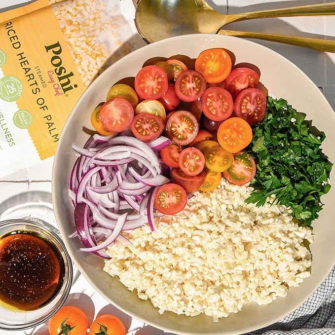 POSHI Riced Heart Of Palm | All Natural, Fully Cooked, Ready to Eat, Non-GMO, Low Calorie + Carb, Gluten Free, Vegetable Rice, Meals, On The Go, Plant-Based, Healthy, Veggies (7oz, 6 Pack)