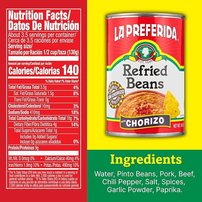 La Preferida Chorizo Refried Beans (Made with Real Pork & Beef, No Preservatives) ??Heat & Serve for an Instant Side Dish or Add to Enchiladas, Tostadas & More,16 oz. (Pack of 12)