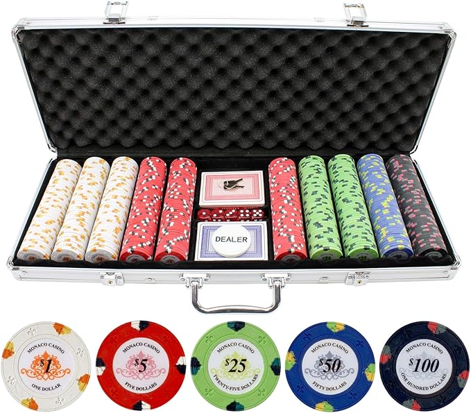 Poker Chips Set - 500pc Monaco Casino 13.5g Clay Poker Chips Set by Versa Games - Strong Aluminum Case, 2x Decks of Cards, 5x Dice