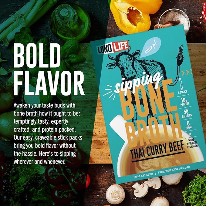 LonoLife Thai Curry Beef Bone Broth Powder Mix | Grass-Fed, 10g Protein | Collagen-Rich, Keto & Paleo Friendly | Natural Ingredients | 4 Portable Stick Pack Servings