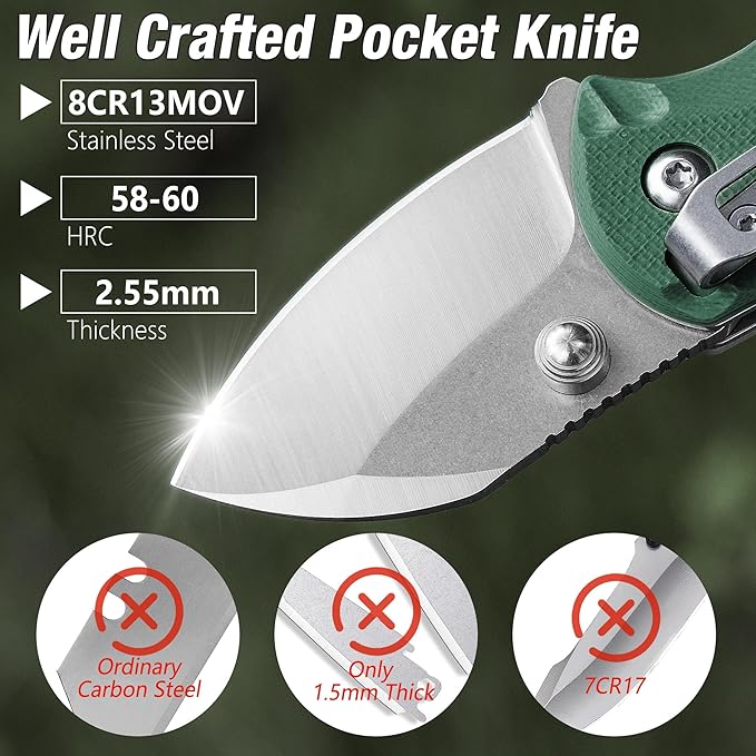 FLISSA 4" Small Folding Pocket Knife, Lightweight Utility Knife, Green G10 Handle, EDC Pocket Knife with 8Cr13MoV Steel Blade, Carry Pocket Clip, Bottle Opener and Flat Head Screwdriver, Liner Lock