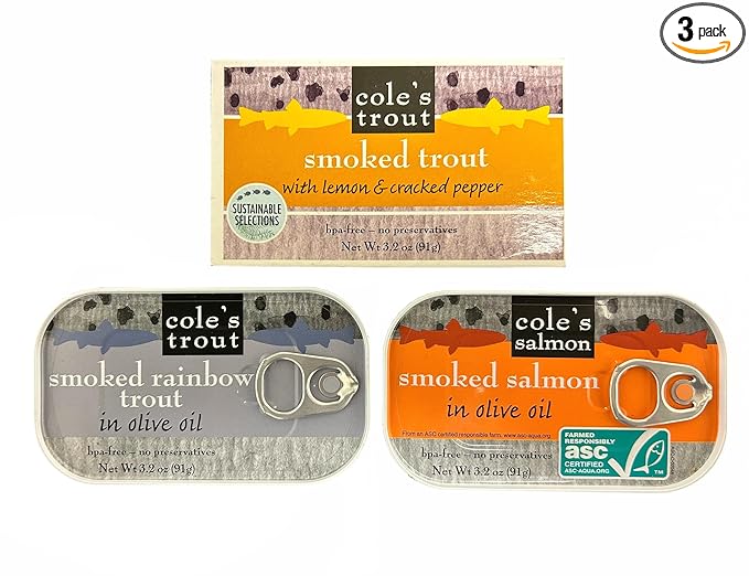COLE'S Canned Seafood Variety Pack - Salmon, Rainbow Trout in Olive Oil & Trout with Lemon & Cracked Pepper | High in Protein Canned Fish- 3 Pack