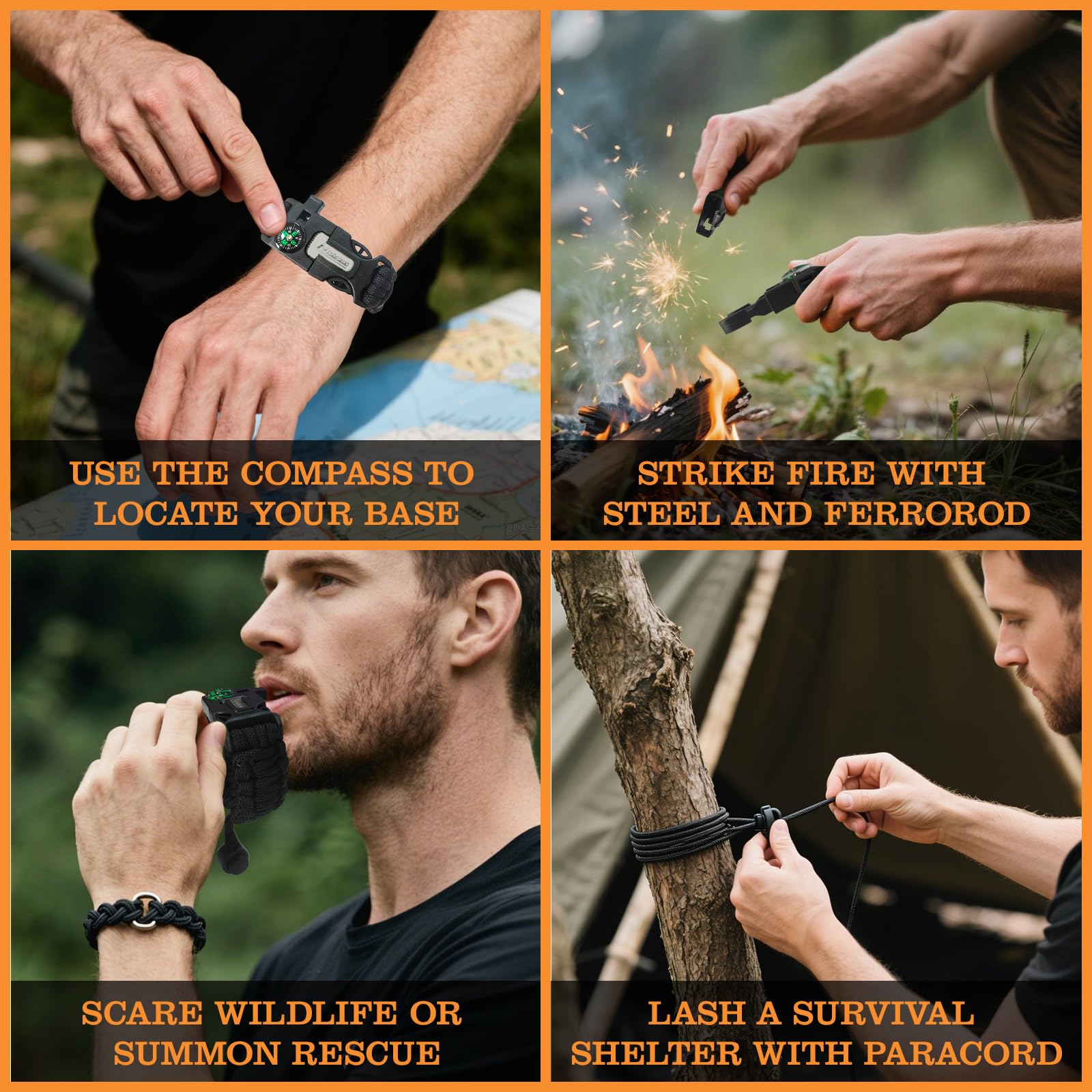 NVioAsport Paracord Survival Bracelet (3 Pack) - Adjustable with Fire Starter, Whistle, Compass