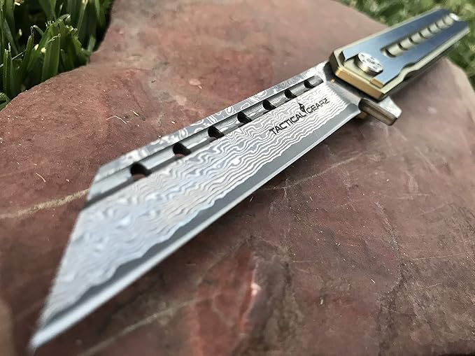 TACTICAL GEARZ Damascus Pocket Knife for EDC, Solid Titanium Handle, 67 Multi-Layered Damascus Steel VG10 Tanto Blade (Onyx XT Gold/Blue)