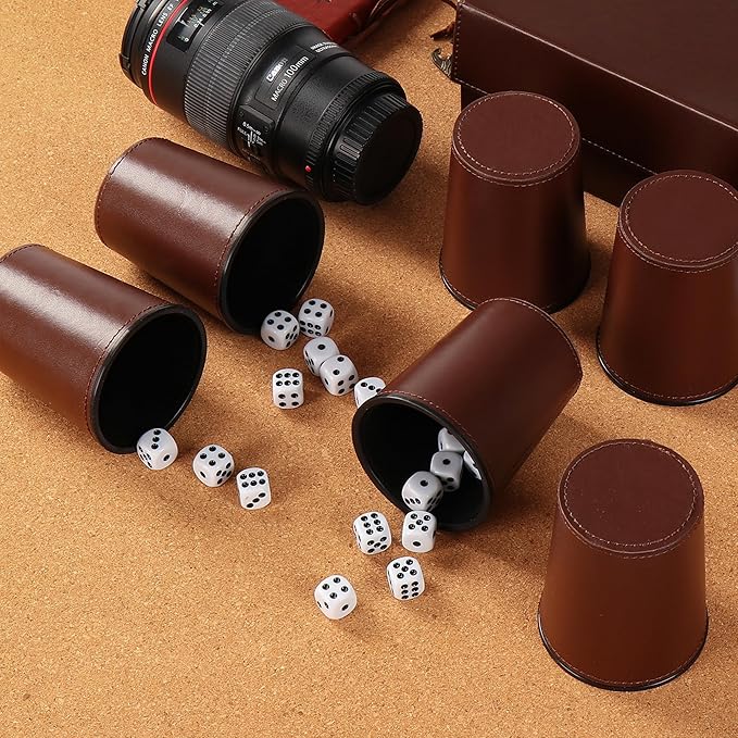 5X Dice Cup Set, PU Leather Dice Shaker Cups with 30 Dices for Bar Party Yahtzee Farkle Dice Games, Coffee (5, Brown)
