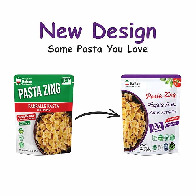 Pasta Zing Farfalle Pasta – Fully Cooked Bow Tie Pasta, Microwave Ready in 60 Seconds, Made with 100% Italian Durum Wheat, Non-GMO, No Preservatives, Halal & Kosher – 7.05 oz (Pack of 7)