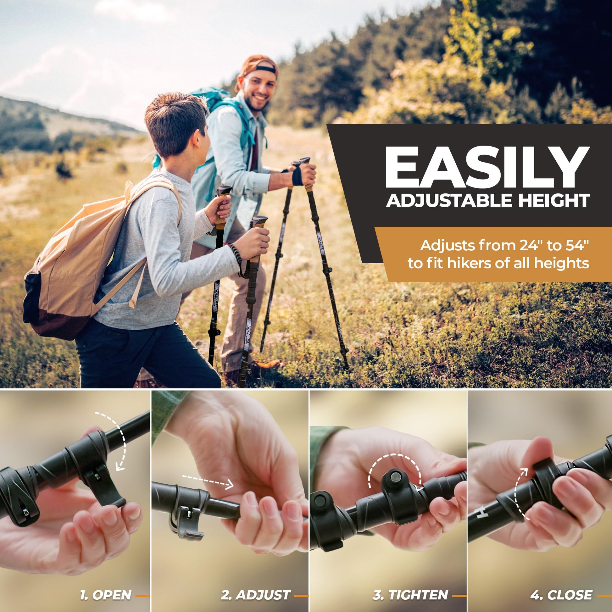 Foxelli Carbon Fiber Trekking Poles – Lightweight Collapsible Hiking Poles with Cork Grips, Quick