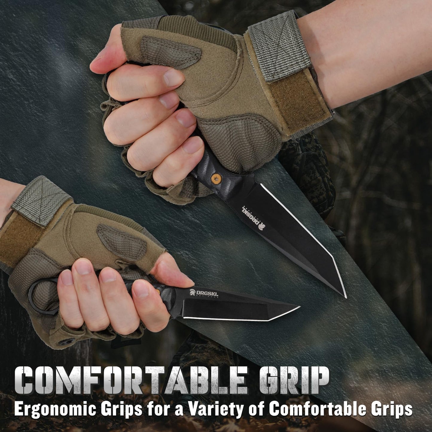 DRGSKL Tanto Fixed Blade Knife - Camping Knife with Sheath - Black