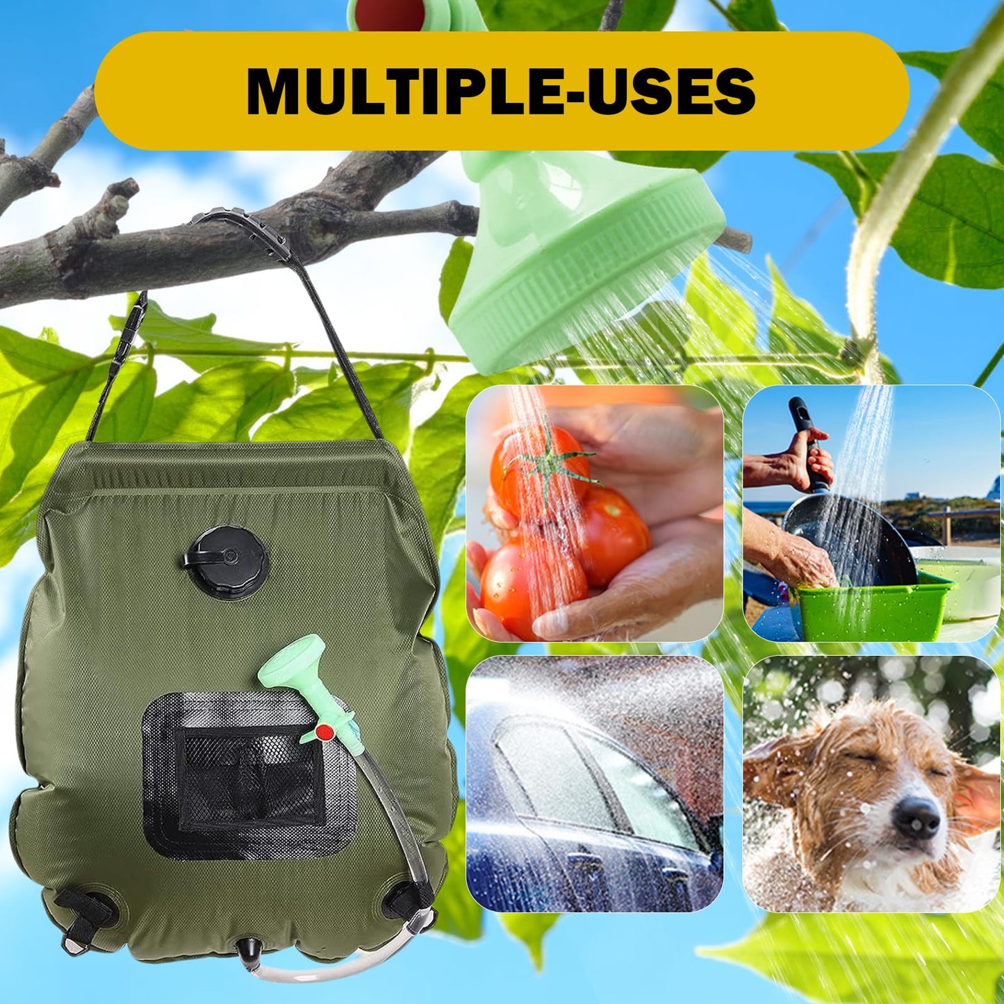 KIPIDA Solar Shower Bag | 5 Gal/20L Solar Heating Camping Shower Bag | Removable Hose | On-Off