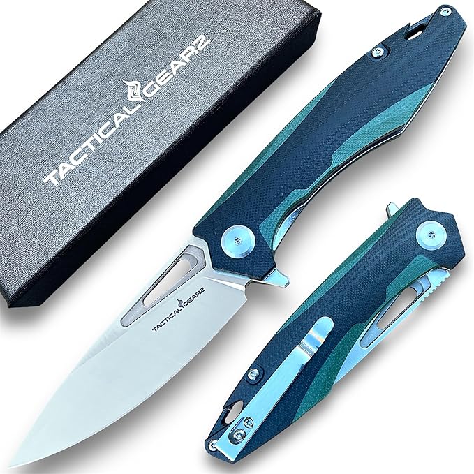 TACTICAL GEARZ Pocket Folding Knife for EDC, D2 Steel Blade, Dual Color G10 Handle, Includes Sheath (Kuma Green/Black)