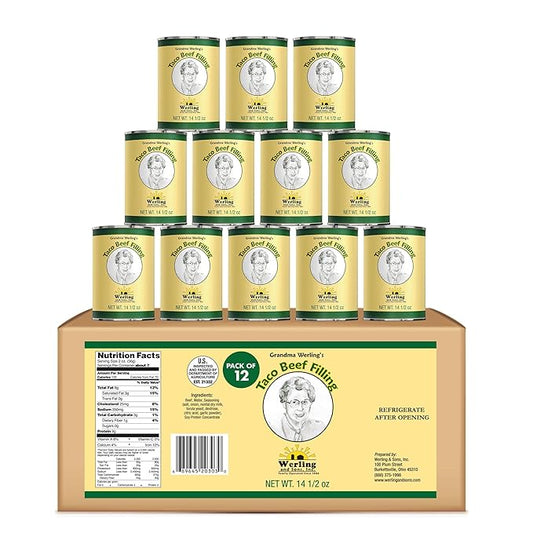 Werling & Sons Taco Beef Filling 14.5 Oz – Fully Cooked, Heat & Serve | Premium Shelf-Stable Canned Meat | For Everyday Meals, Emergency Food Storage, Camping, Survival, Prepping & Quick Meals | Made in USA | 5-Year Shelf Life | Pack of 12