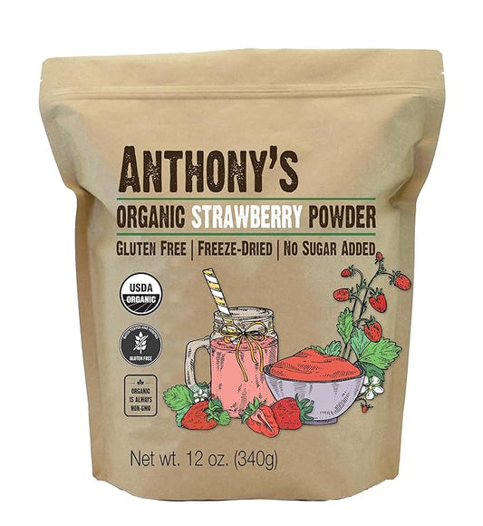 Anthony's Organic Strawberry Powder, 12 oz, Freeze Dried, Gluten Free, No Sugar Added, Non GMO