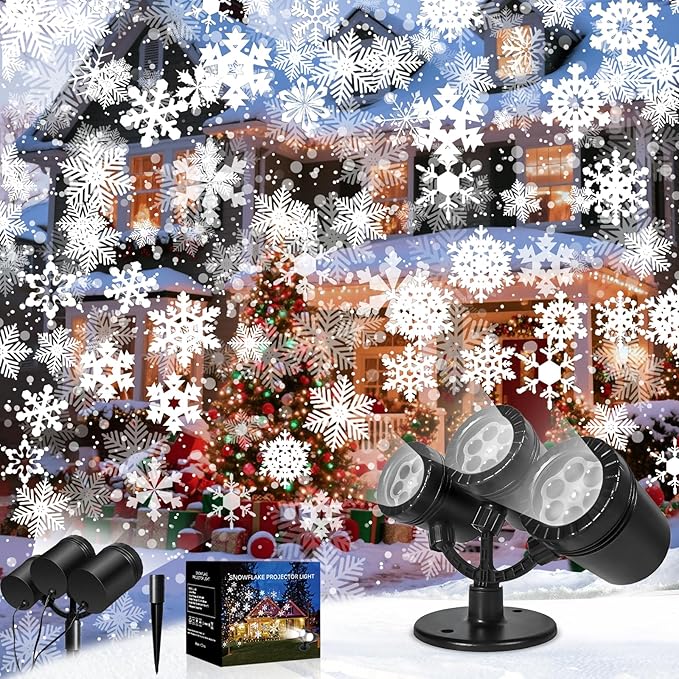 Snowflake Christmas Projector Lights Outdoor, [Timer] Triple Head Snowflake Projector Light, Waterproof 360°Rotating LED Snowfall Projector for Holiday Party Yard Garden Indoor Christmas Decoration