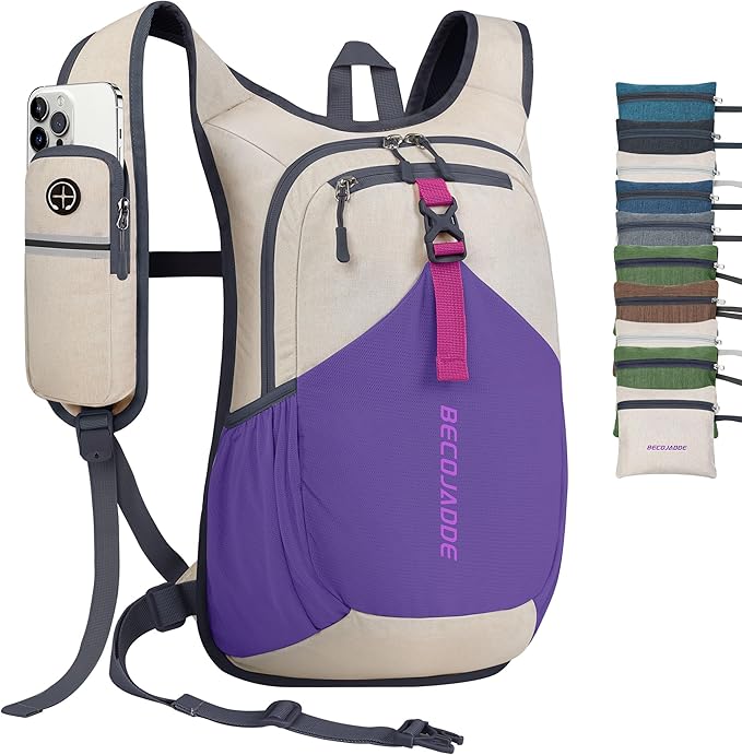 20L Small Hiking Backpack for Men Women Foldable Packable Back Pack Ultralight Hiking Daypack for Travel Camping Outdoor, Beige Purple
