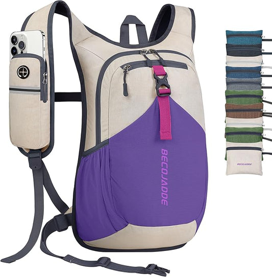 20L Small Hiking Backpack for Men Women Foldable Packable Back Pack Ultralight Hiking Daypack for Travel Camping Outdoor, Beige Purple