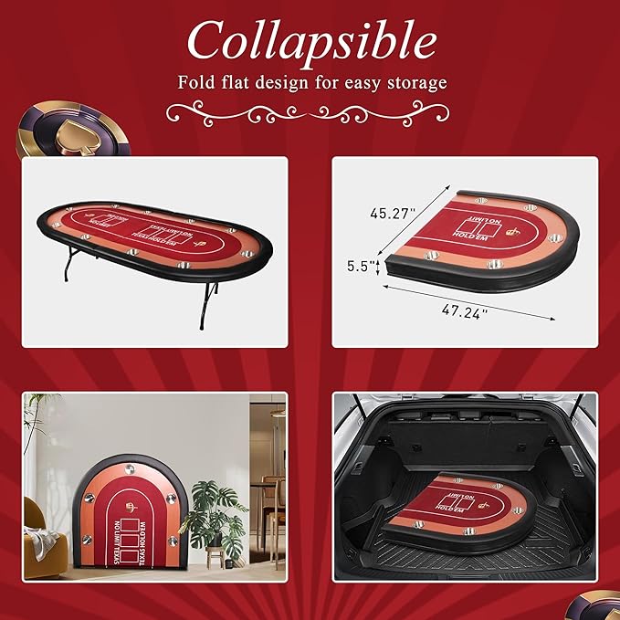 10 Players Oval Poker Table with Padded Rails, Folding Casino-Style Texas Wood Grain Game Poker Tables with Cup Holder, Red Felt Surface, Fully Assemble