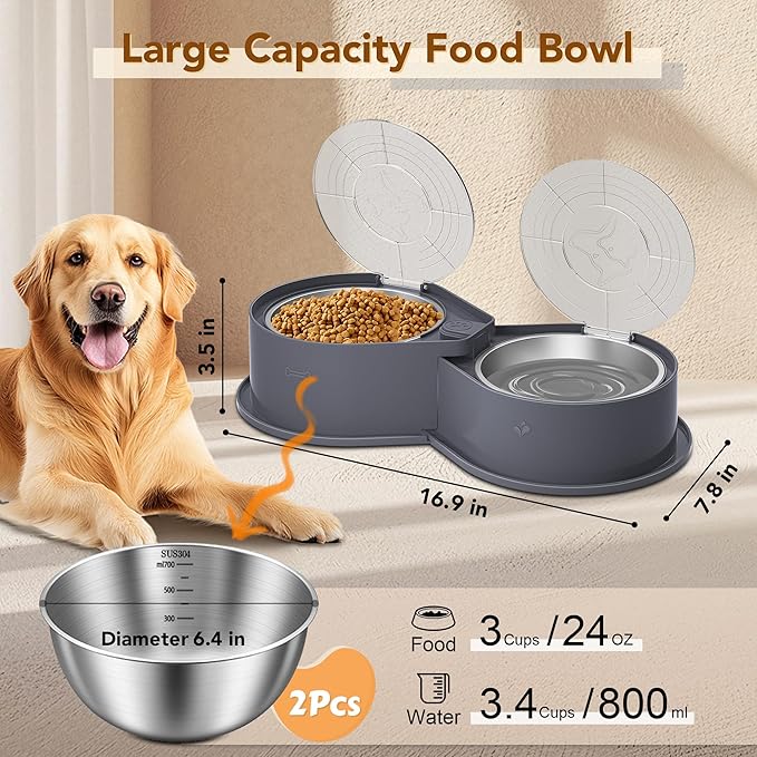 Stainless Steel Dog Bowl Set with Lids, 304 Metal Dual Food & Water Bowls for Dogs & Cats, Foldable Pet Feeder with Cover Keeps Food Fresh, Anti-Skid Dog Dish for Small/Medium/Large Pets