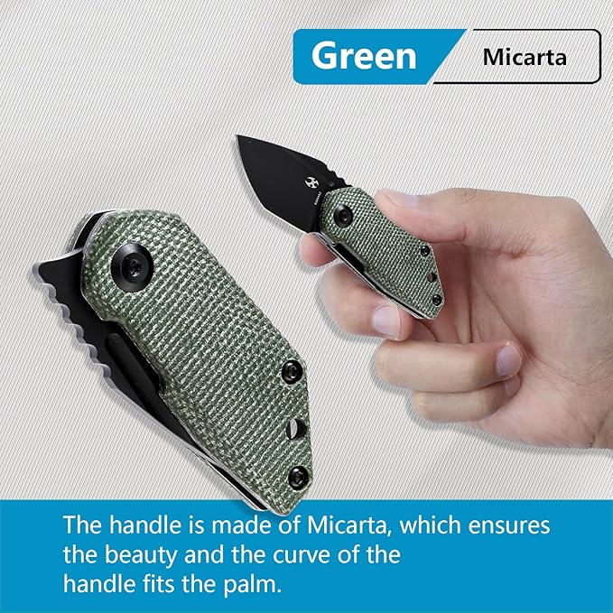 KANSEPT RIO Mini Pocket Folding Knives EDC Camping Folding Knife 1.56'' Black Stonewashed M390 Blade Pocket EDC Knife with Green Micarta Handle Everyday Carry K3044A2