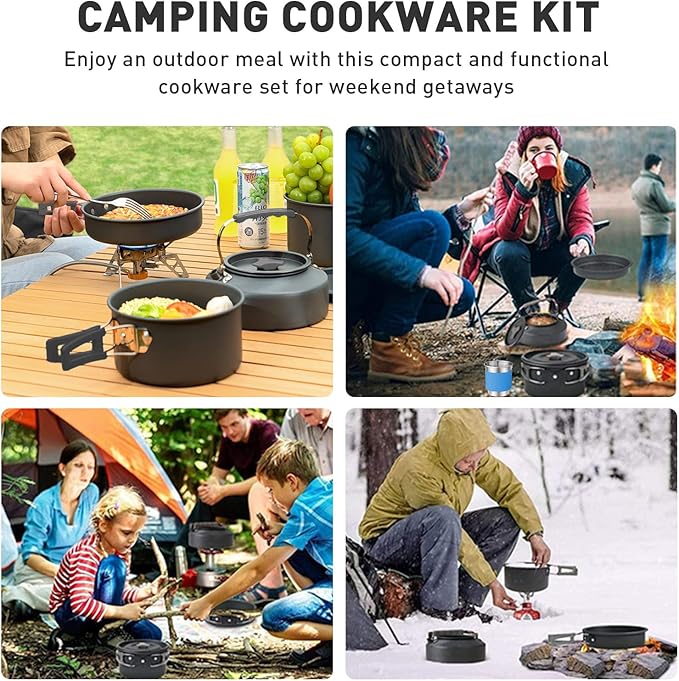 Camping Cookware Camping Cooking Set, Non-Stick Pots and Pans with Kettle, 2 Stainless Steel Plates, 2 Water Cups, 2 Sets of Knives and Forks, Spatula, Dish Towel, Backpack Storage Bag