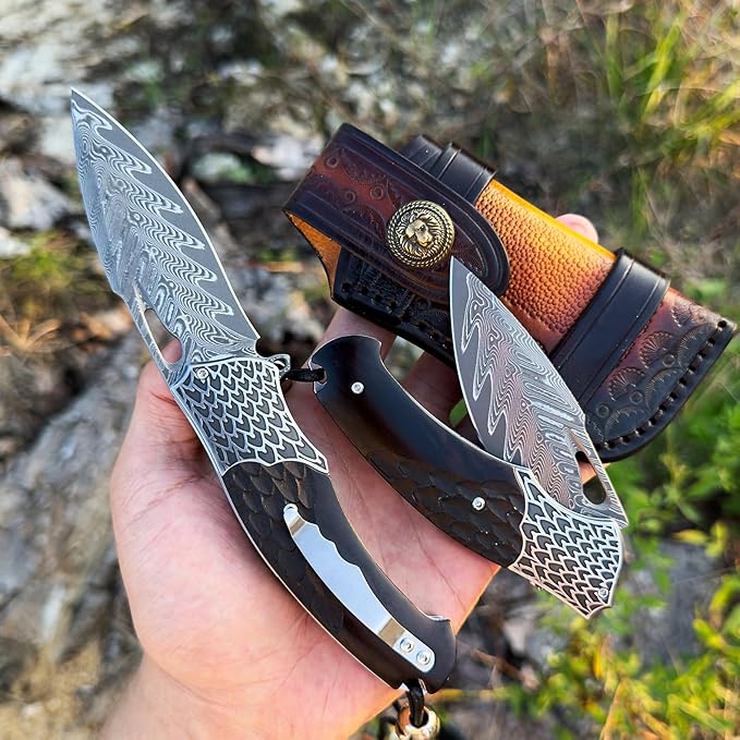 Quality pocket knives for men and women，Damascus Steel Pocket Folding Knife，With leather sheath, Ebony Handle，Engraved feather pattern，Outdoor camping, EDC carrying adventure, Hiking trip, gift