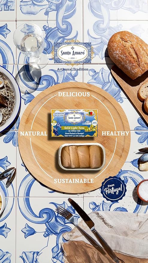 Santo Amaro - Artisanal Wild Tuna Fillets in Virgin Olive Oil, Hand-Packed Canned Tuna from Portugal, Atlantic Natural Tuna, Pole & Line Skipjack Tuna Canned, Low Mercury, 22g Protein Keto, Pack of 6