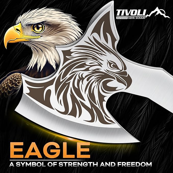 TIVOLI Camping Axe, Eagle - Patterned Survival Hatchet with Nylon Sheath, High Carbon Steel Blade Compact Outdoor Bushcraft Axe with Ergonomic Wood Grip, Camping Gear for Hiking, Chopping, Hunting