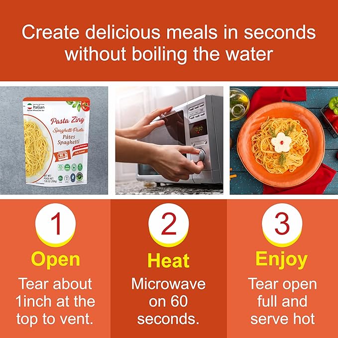 Pasta Zing Spaghetti Pasta Made with Italian Durum Wheat | Ready to Eat Meals in 60 seconds | Fully Cooked, Microwave Meals, Ready Pasta for Dinner, Easy Dinner Sides | Pack of 7, 7.05 Ounce