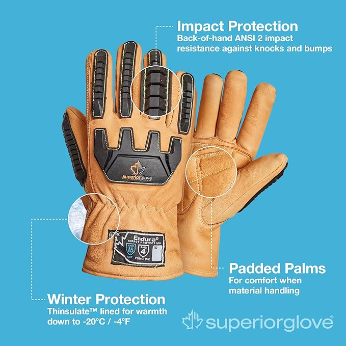 Superior Glove Endura Cut and Impact Resistant Leather Work Gloves – Insulated for Cold Winter Temperatures – 378KGTVB Small (Pack of 1 Pair)