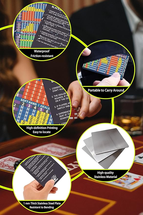 Metal Blackjack Strategy Card Stainless Steel Blackjack Basic Strategy Card/Book Allowed at The Table in The Casino 4+ Decks Hit Soft 17 with Leather Sleeve (Regular Version)