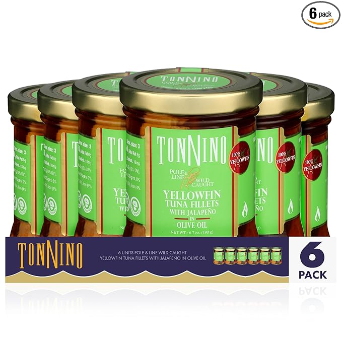Tonnino Tuna Fish Yellowfin Pole&Line - Jalapeno in Olive Oil ??Pack of 6 ??Alternative to Salmon ??Protein Snacks ??Ready to Eat Meals in Can